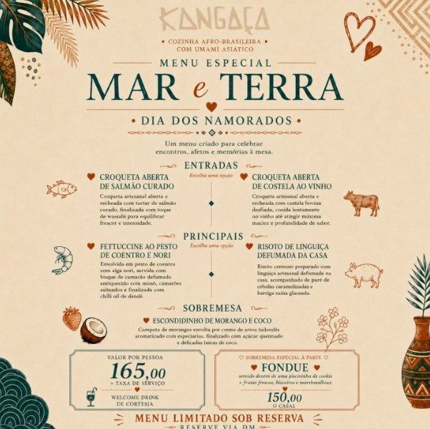 Arte do menu especial Mar e Terra do Dia dos Namorados, com entradas, principais, sobremesa e valor de R$ 165 por pessoa